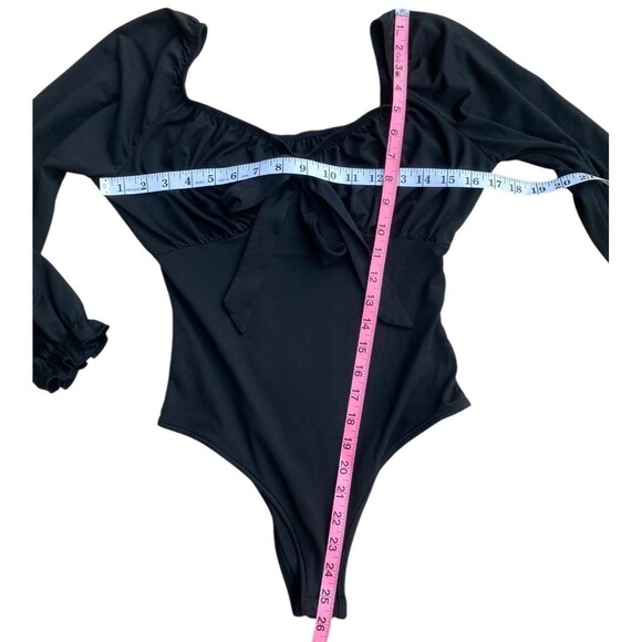 Black Tie Front Long Sleeve Bodysuit Sz S Whimsigoth Coquette Chic Basic Stretch - Picture 7 of 9